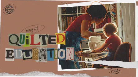 'Quilted Education' cover photo showing a woman sewing a quilt.